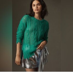 New Anthropologie The Posey Stitchy Distressed Wool Sweater- Green